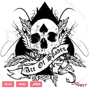 May include: Black and white illustration of a skull with wings and a banner that reads "Ace of Spades".