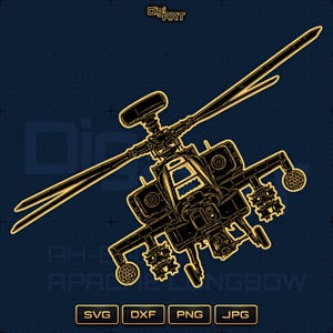 May include: A yellow line art illustration of an AH-64 Apache Longbow helicopter on a dark blue background. The design features the text DigiART at the top and AH-64 APACHE LONGBOW at the bottom, with SVG, DXF, PNG, and JPG buttons below.