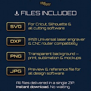 May include: Digital art files included in SVG, DXF, PNG, and JPG formats. The image displays the file types and their compatibility with various software, including Cricut, Silhouette, laser engravers, and design software. The files are delivered in a single ZIP file.