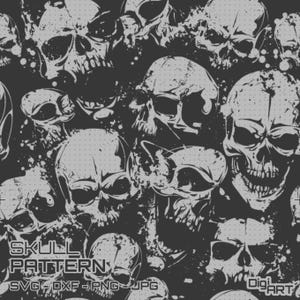 May include: A repeating pattern of gray skulls on a dark gray background. The skulls vary in size and are depicted with a distressed, textured effect. The words "SKULL PATTERN" are at the bottom, along with file type options.