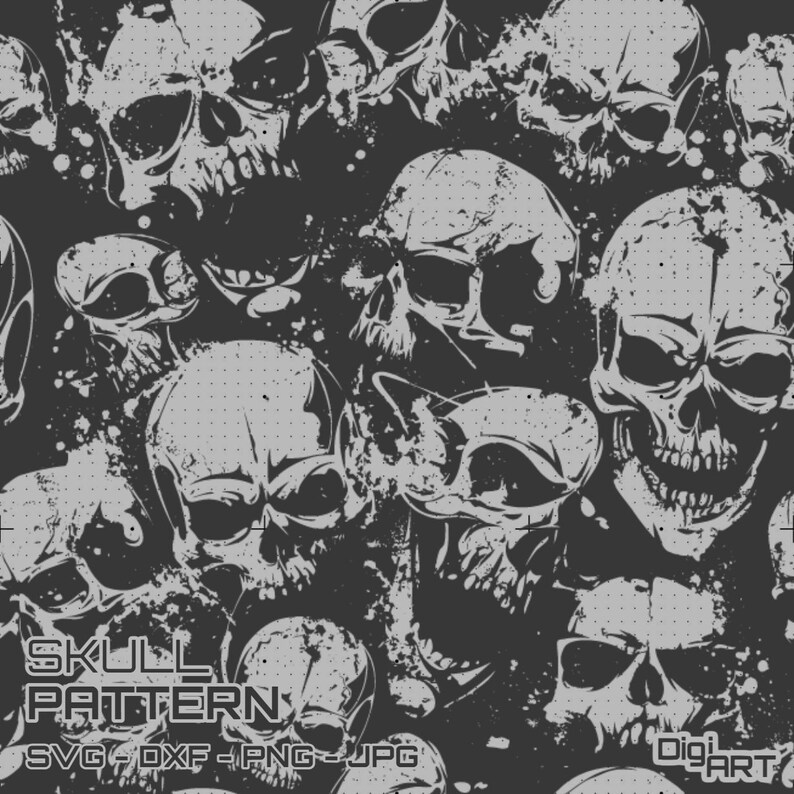 May include: A repeating pattern of gray skulls on a dark gray background. The skulls vary in size and are depicted with a distressed, textured effect. The words "SKULL PATTERN" are at the bottom, along with file type options.