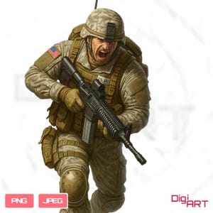 Puede incluir: Ilustración de un soldado con equipo de combate, que incluye casco, mochila y chaleco táctico. El soldado sostiene un rifle y parece estar gritando. La imagen tiene un estilo realista con sombreado y texturas detalladas.