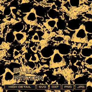 May include: A repeating pattern of black skulls on a tan background. The words "SKULL PATTERN" are displayed in a bold font. Below the text are the words "HIGH DETAIL", "SVG", "DXF", "PNG", and "JPG".
