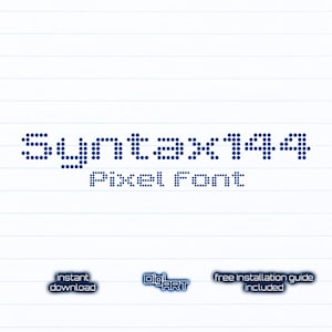 Può includere: Font Syntax 144 Pixel, un font digitale con uno stile pixelato. Il font è visualizzato in blu su uno sfondo bianco a righe. Il testo "download immediato" e "guida all'installazione gratuita inclusa" è anche visualizzato in blu.