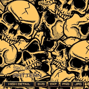 May include: A repeating pattern of black skulls on a yellow background. The words "SKULL PATTERN" are displayed in a stylized font. Below the text are the words "HIGH DETAIL", "SVG", "DXF", "PNG", and "JPG".
