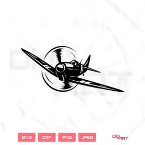 Puede incluir: Ilustración en blanco y negro de un avión antiguo en vuelo. La hélice está en movimiento y las alas del avión están extendidas. La imagen incluye las opciones de tipo de archivo: SVG, DXF, PNG y JPEG.