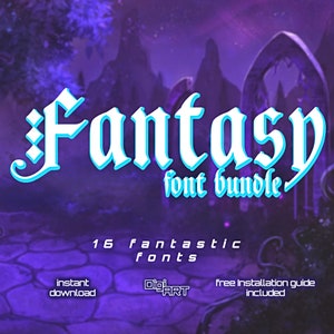 May include: A purple fantasy background with a white font that says "Fantasy font bundle" with a blue outline. Below the text, it says "16 fantastic fonts". Below that, it says "Instant download", "DigiART", and "Free Installation guide included".