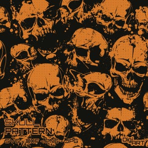 May include: Orange skull pattern on a black background. The design features multiple skulls with varying expressions and details. The text "SKULL PATTERN" is at the bottom, along with file type options: SVG, DXF, PNG, JPG.