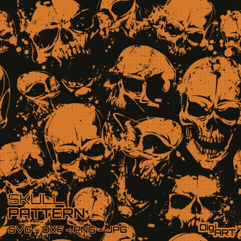 May include: Orange skull pattern on a black background. The design features multiple skulls with varying expressions and details. The text "SKULL PATTERN" is at the bottom, along with file type options: SVG, DXF, PNG, JPG.
