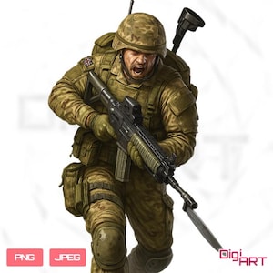 Puede incluir: Ilustración digital de un soldado con uniforme de camuflaje, casco y mochila, sosteniendo un rifle con bayoneta. El soldado está corriendo y gritando. La imagen tiene un fondo blanco. La imagen tiene el texto "PNG" y "JPEG".