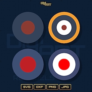 Könnte beinhalten: Vier kreisförmige Designs mit konzentrischen Kreisen in verschiedenen Farben, darunter Blau, Rot, Weiß und Orange. Die Designs ähneln Zielen oder Emblemen, mit dem Text "SVG", "DXF", "PNG" und "JPG" unten.