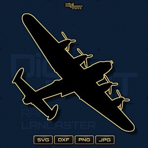 May include: Black silhouette of a Lancaster bomber airplane with yellow outline, set against a dark blue background. The image includes the text "Lancaster" and file type icons: SVG, DXF, PNG, and JPG.