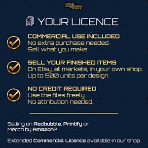 May include: A dark blue graphic with the text "YOUR LICENCE" and details about commercial use, selling finished items, and no credit required. Includes gold checkmarks and the DigiArt logo. Text also mentions Etsy, markets, and Amazon.