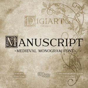 Può includere: Un design di font in stile vintage chiamato "Manuscript" con una iniziale decorativa "M" in bianco e nero. Il font è descritto come un "Medieval Monogram Font". L'immagine ha uno sfondo testurizzato con un design floreale.