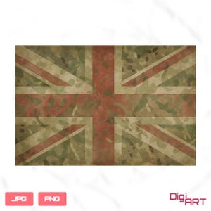 May include: A rectangular design featuring the Union Jack, the national flag of the United Kingdom, rendered in a camouflage pattern. The flag's red and white elements are overlaid on a backdrop of green and brown camouflage. The image includes the text "JPG" and "PNG".