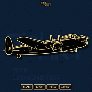 Puede incluir: Silueta negra y dorada de un bombardero Lancaster. La imagen incluye el texto "RAF Lancaster" y opciones de tipo de archivo: SVG, DXF, PNG y JPG. El fondo es azul oscuro.