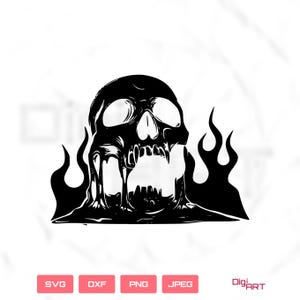 May include: A black and white illustration of a skull with a melting effect, surrounded by flames. The skull has large eye sockets and an open mouth. The image includes the text "SVG", "DXF", "PNG", and "JPEG".