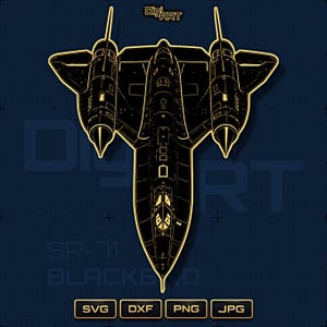 Op de afbeelding: Zwart-gouden illustratie van een SR-71 Blackbird-vliegtuig. De afbeelding bevat de tekst "DigiArt" bovenaan en "SR-71 BLACKBIRD" onderaan. Daaronder staan de bestandstype-pictogrammen: SVG, DXF, PNG en JPG.