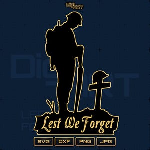 Può includere: Silhouette nera di un soldato con fucile, testa china, vicino a una croce e un elmetto. Le parole "Lest We Forget" sono sotto. Include icone di tipo di file: SVG, DXF, PNG e JPG.