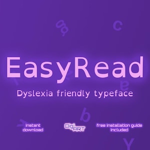 Puede incluir: Gráfico púrpura con el texto "EasyRead" en rosa claro y "Dyslexia friendly typeface" debajo. También incluye "descarga instantánea", "DigiART" y "guía de instalación gratuita incluida".