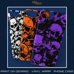 May include: Three phone cases with skull designs. One case features white skulls on a black background, another has orange skulls, and the third showcases purple skulls on black. The cases are vinyl wraps.