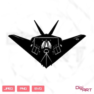 May include: Black and white graphic of a stealth bomber aircraft. The image is a silhouette with sharp angles and distinct features, including the cockpit and tail fins. The bottom of the image includes the text "JPEG", "PNG", and "SVG".