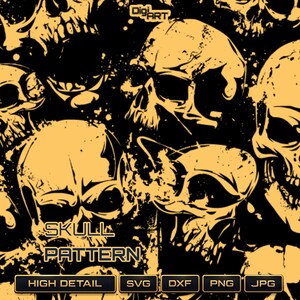 Pode incluir: Um padrão repetido de crânios amarelos sobre um fundo preto. As palavras "SKULL PATTERN" são exibidas em amarelo, juntamente com as palavras "HIGH DETAIL", "SVG", "DXF", "PNG" e "JPG".