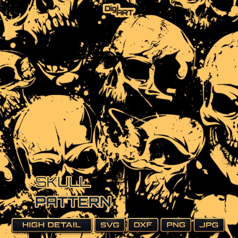 May include: A repeating pattern of yellow skulls on a black background. The words "SKULL PATTERN" are displayed in yellow, along with the words "HIGH DETAIL", "SVG", "DXF", "PNG", and "JPG".