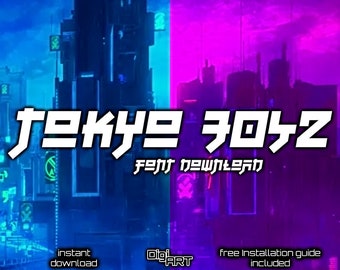 May include: Digital art featuring a futuristic cityscape with the text "TOKYO 3042" in white, stylized font. The artwork is split vertically with a blue and purple color scheme. Text includes "instant download", "Digi ART", and "free Installation guide included".