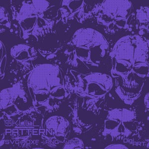 May include: A repeating pattern of purple skulls on a dark purple background. The skulls vary in size and are rendered in a distressed, grunge style. The words "SKULL PATTERN" are visible in the lower left corner.