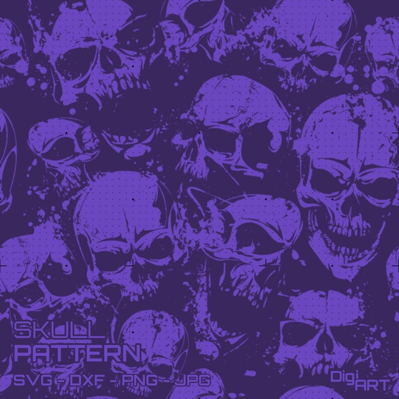 May include: A repeating pattern of purple skulls on a dark purple background. The skulls vary in size and are rendered in a distressed, grunge style. The words "SKULL PATTERN" are visible in the lower left corner.
