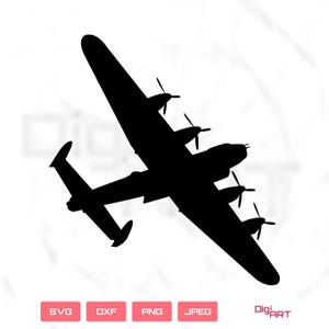 Pode incluir: Silhueta preta de um avião de quatro motores com hélices, visto de cima. A imagem inclui as opções de tipo de arquivo: SVG, DXF, PNG e JPEG. O logotipo DigiArt está no canto inferior direito.