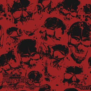 May include: A red background is covered with a repeating pattern of black skulls. The skulls vary in size and are splattered with black ink. The words "SKULL PATTERN" are printed in a white, blocky font at the bottom of the image, along with file type options.