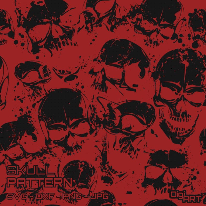 May include: A red background is covered with a repeating pattern of black skulls. The skulls vary in size and are splattered with black ink. The words "SKULL PATTERN" are printed in a white, blocky font at the bottom of the image, along with file type options.