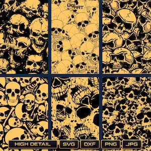 May include: Six panels showcasing high-detail skull patterns in black and gold. The panels display different arrangements of skulls, with the words "HIGH DETAIL", "SVG", "DXF", "PNG", and "JPG" at the bottom.