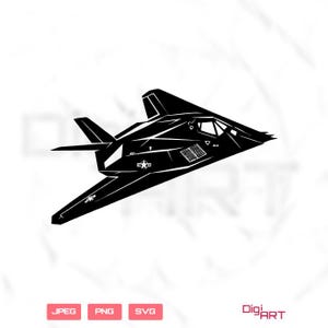 May include: Black and white vector illustration of a stealth fighter jet. The aircraft is depicted in a side profile, showcasing its angular design and wings. The image includes the text "DigiArt" and file type options: JPEG, PNG, and SVG.