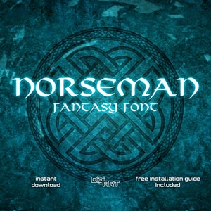 Può includere: Un font fantasy blu e bianco chiamato "Norseman" con un design a nodo celtico sullo sfondo. Il testo "Fantasy Font" è sotto il titolo. Le parole "Download immediato", "DigiArt" e "Guida all'installazione gratuita inclusa" sono nella parte inferiore dell'immagine.