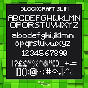 以下が含まれることがあります： 黒い背景に、白いピクセル化されたフォント「BLOCKCRAFT SLIM」が表示されています。フォントには大文字と小文字のアルファベット、数字、記号が含まれています。DigiArtのロゴが下隅にあります。