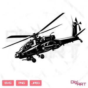 Könnte beinhalten: Schwarz-Weiß-Illustration eines Militärhubschraubers mit detaillierten Rotorblättern und Karosseriedesign. Der Text "SVG", "PNG" und "JPEG" ist unten links zu sehen, sowie das "DigiART"-Logo rechts.