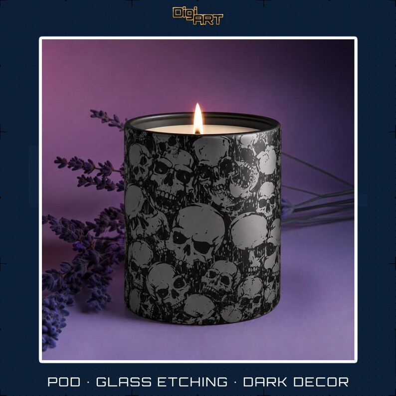 May include: A lit black candle with a skull pattern. The candle is in a black container with a silver skull design. The background is purple with lavender sprigs. The text at the bottom reads "POD &bull; GLASS ETCHING &bull; DARK DECOR".