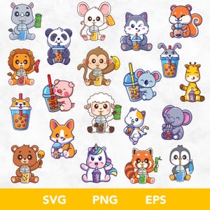 Kawaii Animals Drinking Boba Tea Clipart PNG Bundle, Cute Animal Cartoons SVG, Bubble Tea Graphics for Kids Crafts