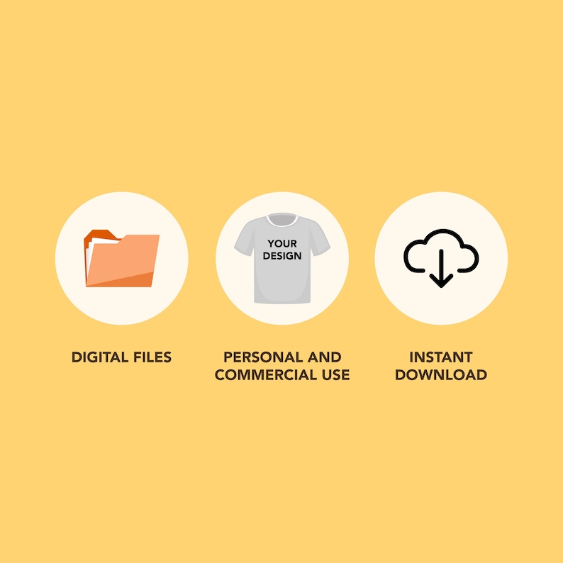 May include: Illustration of a folder, a t-shirt with the text "Your Design", and a cloud with a downward arrow. The text below the images reads "Digital Files", "Personal and Commercial Use", and "Instant Download".