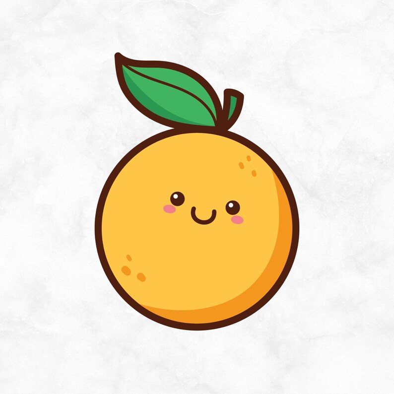 May include: A cartoon orange with a smiling face and a green leaf on top. The orange is yellow and has a brown outline.