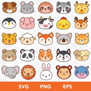 Kawaii Cute Animals PNG Bundle, Kawaii Animals Clipart, Cute Animals Graphics, Kawaii Animal Faces SVG, Commercial Use