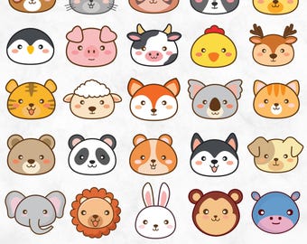 Kawaii Cute Animals PNG Bundle, Kawaii Animals Clipart, Cute Animals Graphics, Kawaii Animal Faces SVG, Commercial Use