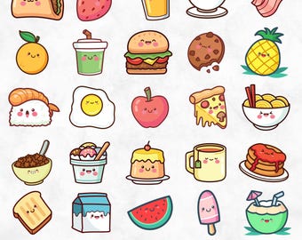 Kawaii Cute Food PNG Bundle, Kawaii Food Clipart, Cute Food Graphics, Adorable Printable Stickers, Commercial Use