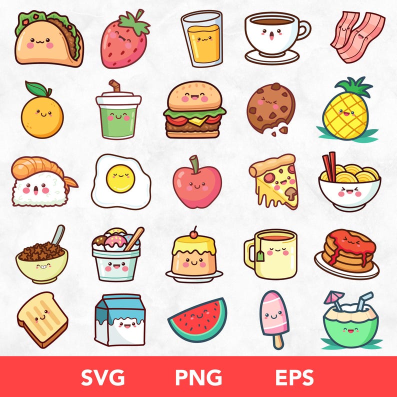 May include: A set of 25 colourful cartoon food and drink icons. The icons include a taco, strawberry, orange juice, coffee cup, bacon, pineapple, orange, milk carton, apple, pizza, sushi, egg, cereal bowl, ice cream, pudding, teacup, pancakes, watermelon, popsicle, and coconut.