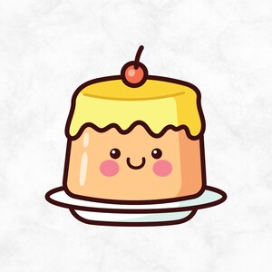 May include: A cartoon illustration of a yellow pudding with a red cherry on top. The pudding has a smiling face and is sitting on a white plate.