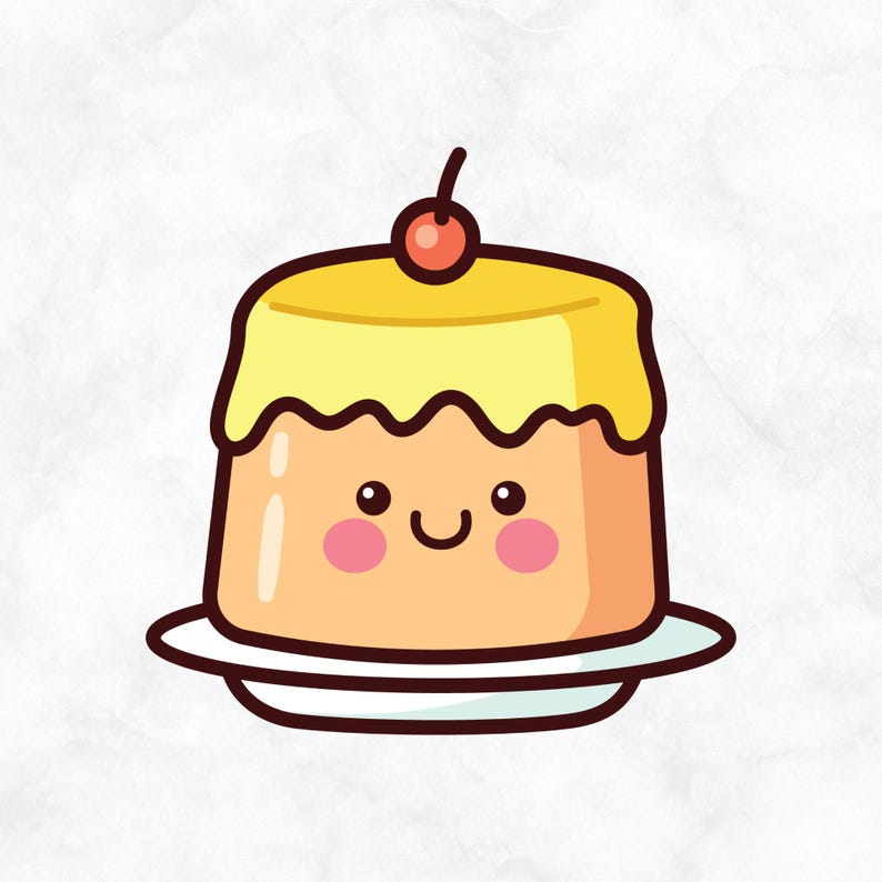 May include: A cartoon illustration of a yellow pudding with a red cherry on top. The pudding has a smiling face and is sitting on a white plate.