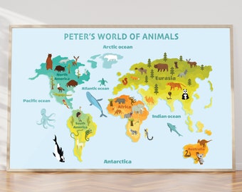 Personalised Animal World Map Print, Kids World Map, World Map Wall Art Kids, World Map Kids, Animal World Map, Baby Name Nursery World Map